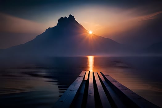 a wooden dock in front of a mountain at sunset. AI-Generated photo