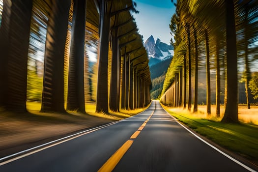 a road with trees and mountains in the background. AI-Generated photo