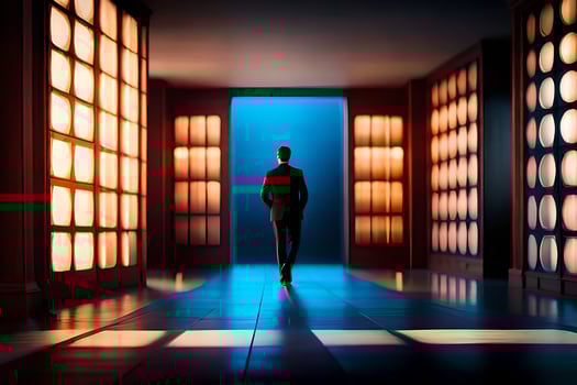 a man in a suit walks through an empty hallway. AI-Generated photo