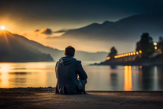 a man sitting on the shore of a lake at sunset. AI-Generated photo