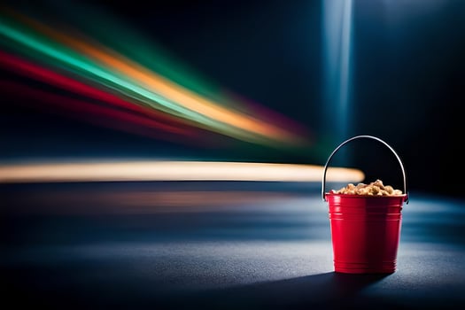 a red bucket with popcorn on a dark background. AI-Generated photo