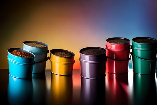 a row of colorful buckets with different colored lids. AI-Generated photo