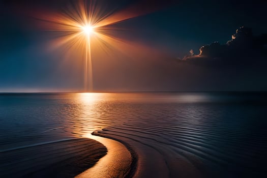 the sun shines over the ocean and waves. AI-Generated photo