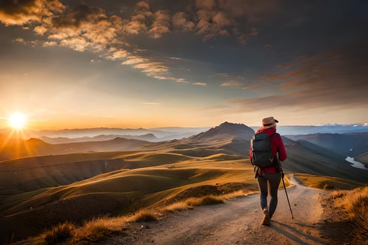 a hiker walks along a dirt road in the mountains. AI-Generated photo