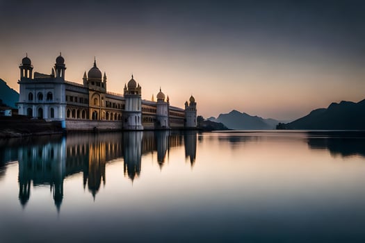 the sun sets over a large building in the middle of a lake. AI-Generated photo