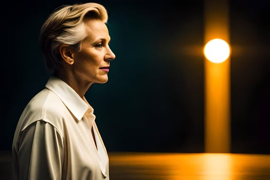 a woman in a white shirt standing in front of a light. AI-Generated photo