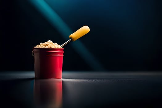 a red bucket with a spoon and some popcorn. AI-Generated photo