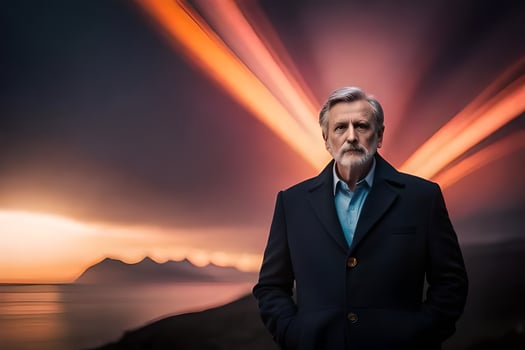 an older man standing in front of a sunset. AI-Generated photo