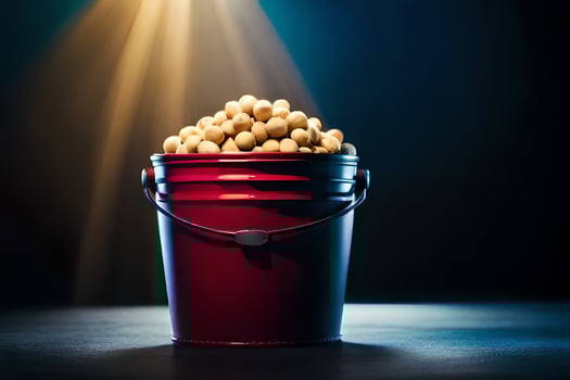 a bucket filled with soy beans on a dark table. AI-Generated photo
