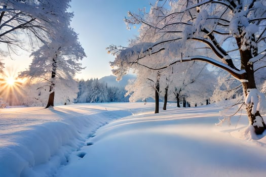 a snowy path in the woods with trees. AI-Generated photo