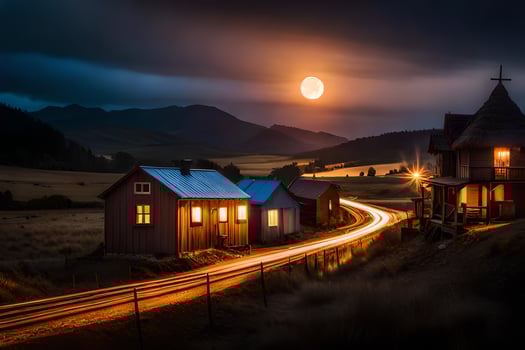 a full moon shines over a rural road at night. AI-Generated photo