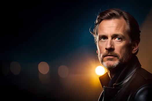 a man in a leather jacket looking off to the side. AI-Generated photo