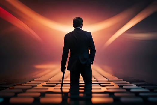 a man in a suit standing on a platform with a light behind him. AI-Generated photo