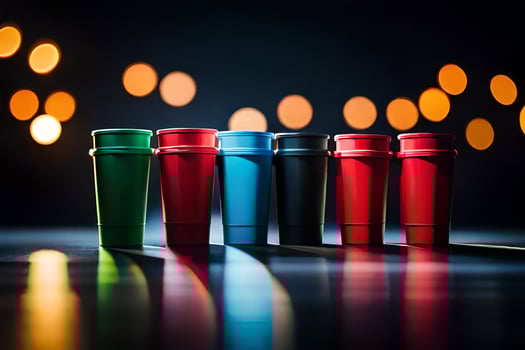 a row of colorful cups on a dark surface. AI-Generated photo
