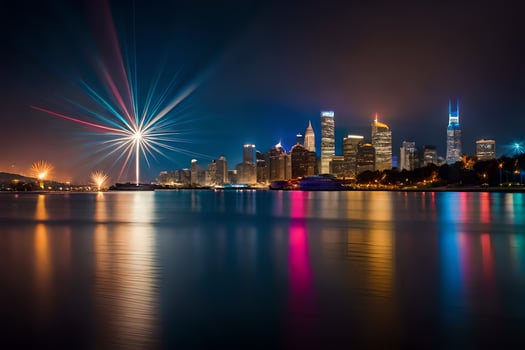 the city skyline is lit up at night with bright lights. AI-Generated photo