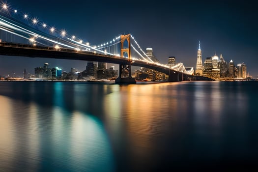 the city skyline at night with the bridge and bay bridge. AI-Generated photo