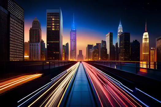 a city skyline at night with lights on the road. AI-Generated photo