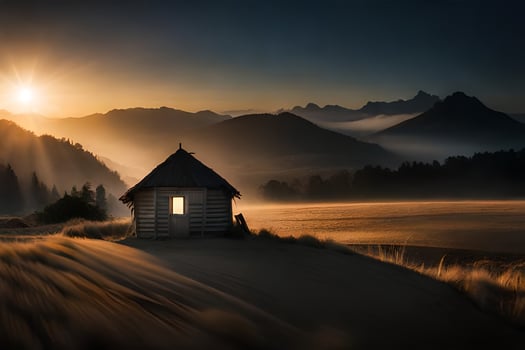 a small cabin in the middle of a field at sunrise. AI-Generated photo