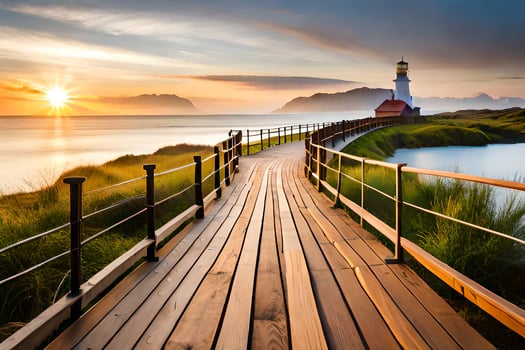 the boardwalk leads to a lighthouse at sunset. AI-Generated photo