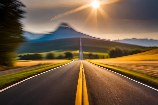 a blurry image of a road with mountains in the background. AI-Generated photo