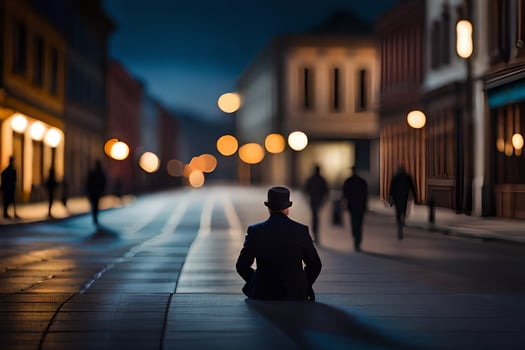 a man in a suit sits on the ground in a city at night. AI-Generated photo