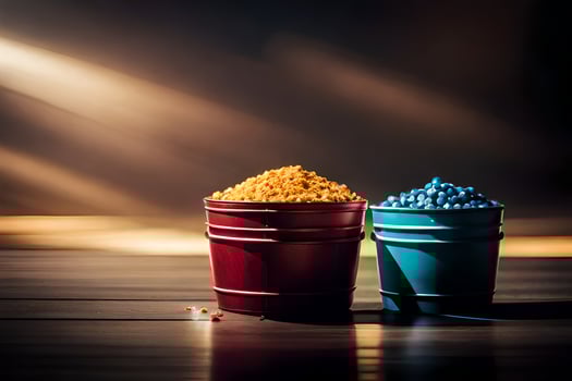two buckets of corn on a wooden table. AI-Generated photo