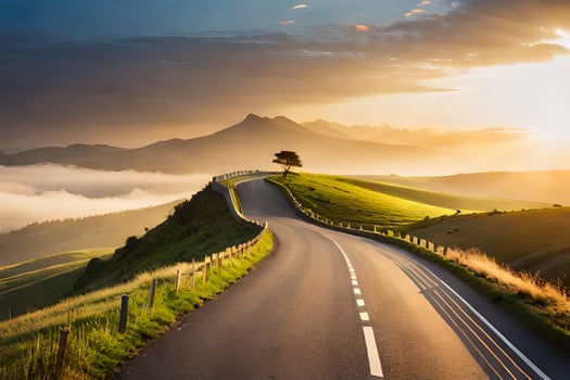 a road leading to a mountain with a tree on top. AI-Generated photo