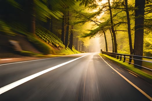 a blurry image of a road in the woods. AI-Generated photo