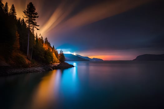 a long exposure photograph of a lake at night. AI-Generated photo