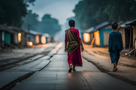 two women walking down a road in the dark. AI-Generated photo