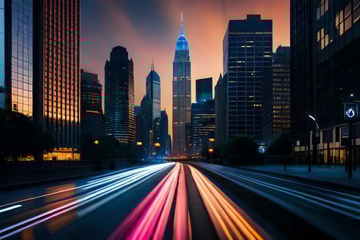 a city street at night with lights on the buildings. AI-Generated photo
