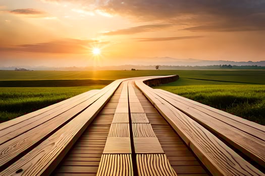 a wooden walkway leads to the sun. AI-Generated photo
