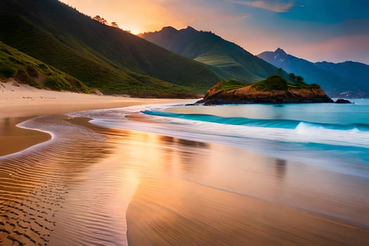 a beach at sunset with waves and mountains. AI-Generated photo