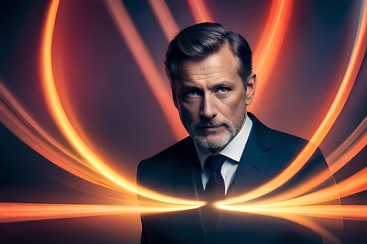 a man in a suit and tie standing in front of a glowing light. AI-Generated photo