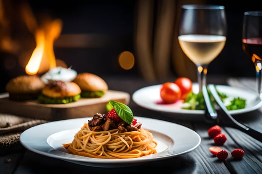 spaghetti with meat and vegetables on a plate next to a glass of wine. AI-Generated photo