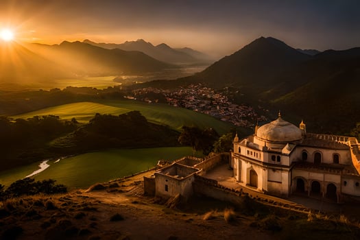 the sun sets over a small village in the mountains. AI-Generated photo