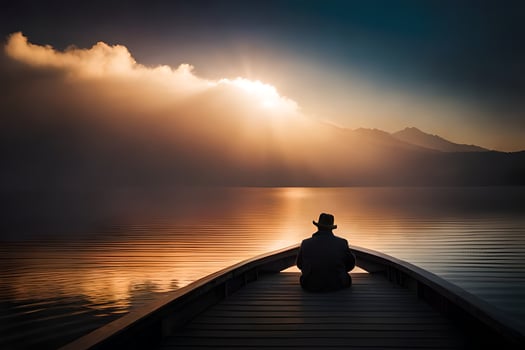 a man sitting on a boat in the middle of a lake at sunset. AI-Generated photo