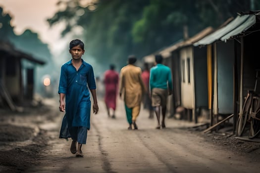 a boy walks down a dirt road in a village. AI-Generated photo