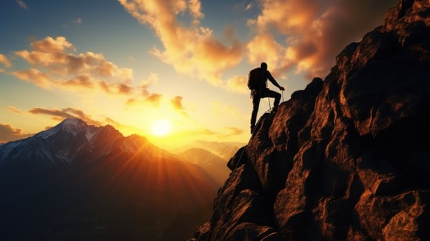 Black silhouette of a climber on a cliff rock with mountains landscape. Generative AI photo