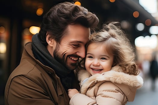 happy father and daughter hugging and smiling while spending time together outdoors. Generative AI photo