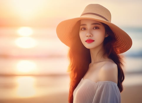 an Asian woman in a hat at the beach during sunset. AI Generated photo
