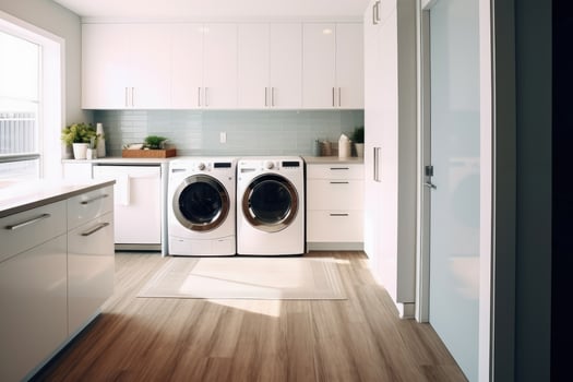 AI generated Interior clean white laundry room with front load washer and dryer units , Ai generative photo