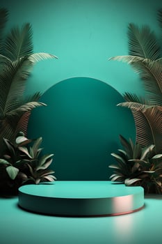 Abstract green cylinder pedestal podium display against tropical background. Product presentation, mock up, show natural cosmetic product. Ai generative photo
