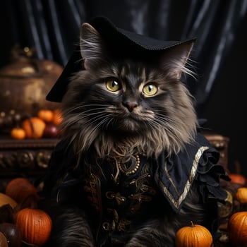 A cat dressed in a costume with pumpkins photo