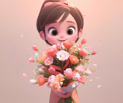 AI Generated Cute little girl holding a bouquet of flowers in Mothers Day. International Womens Day. St. Valentines day concept. Copy space photo