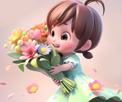 AI Generated Cute little girl holding a bouquet of flowers in Mothers Day. International Womens Day. St. Valentines day concept. Copy space photo