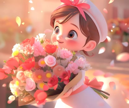 AI Generated Cute little girl holding a bouquet of flowers in Mothers Day. International Womens Day. St. Valentines day concept. Copy space photo