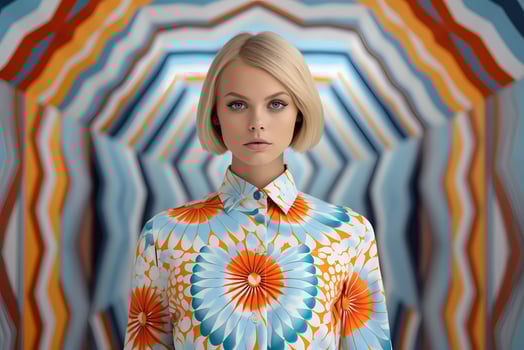 AI Generated A beautiful young model wearing sunglasses and a colorful jacket photo
