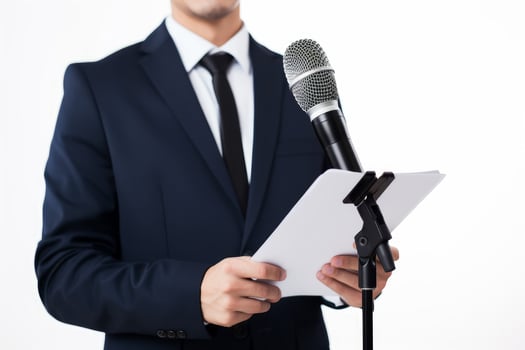 Man holding microphone and clipboard on white background. Generate Ai photo