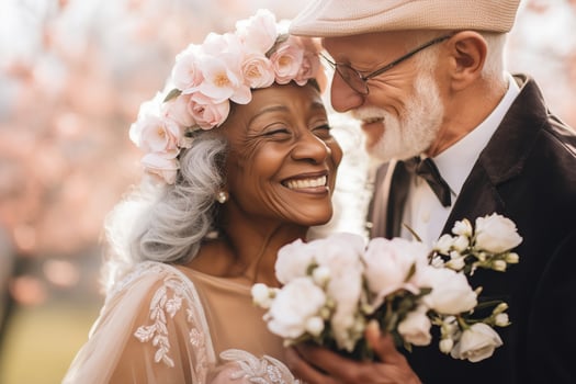AI Generated Multiracial senior bride and groom, spring wedding, blooming trees photo